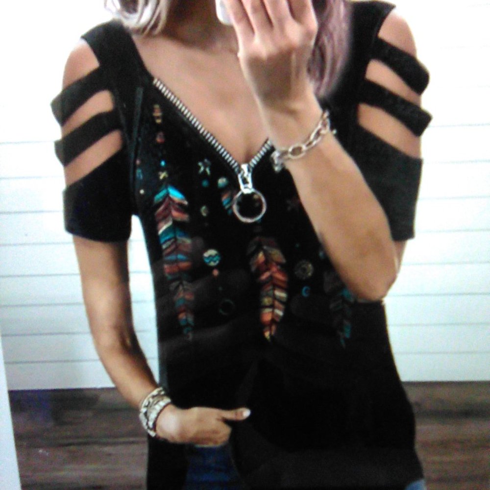 New Feather Print Cut-Out Sleeves T-Shirt SZ L or M